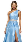 Blue A Line Satin One Shoulder Maxi Prom Dress with Rhinestones