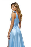 Blue A Line Satin One Shoulder Maxi Prom Dress with Rhinestones