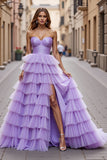 Purple Ball Gown Tulle Maxi Prom Dress with Ruffles
