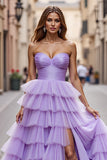 Purple Ball Gown Tulle Maxi Prom Dress with Ruffles