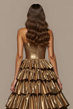 Golden Tiered Satin Ball Gown Maxi Prom Dress with Ruffles