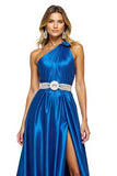 Royal Blue A Line One Shoulder Maxi Satin Prom Dress with Slit