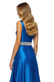 Royal Blue A Line One Shoulder Maxi Satin Prom Dress with Slit
