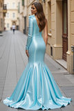Blue Ruffled Satin Mermaid Maxi Prom Dress with Bow