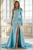 Blue Satin One Shoulder Maxi Mermaid Prom Dress with Slit