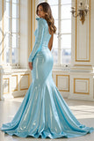 Blue Satin One Shoulder Maxi Mermaid Prom Dress with Slit