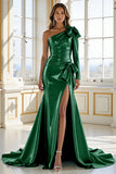 Blue Satin One Shoulder Maxi Mermaid Prom Dress with Slit