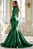 Blue Satin One Shoulder Maxi Mermaid Prom Dress with Slit