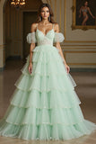 Green Ball Gown Tulle Maxi Prom Dress with Appliques