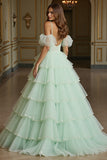 Green Ball Gown Tulle Maxi Prom Dress with Appliques