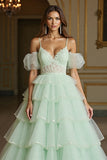 Green Ball Gown Tulle Maxi Prom Dress with Appliques