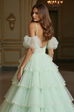 Green Ball Gown Tulle Maxi Prom Dress with Appliques