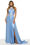 Sparkly Blue Halter A Line Maxi Satin Prom Dress with Slit