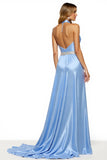 Sparkly Blue Halter A Line Maxi Satin Prom Dress with Slit
