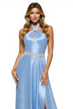 Sparkly Blue Halter A Line Maxi Satin Prom Dress with Slit