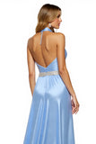 Sparkly Blue Halter A Line Maxi Satin Prom Dress with Slit