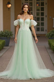 Green A Line Tulle Off the Shoulder Maxi Prom Dress with Appliques