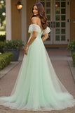 Green A Line Tulle Off the Shoulder Maxi Prom Dress with Appliques