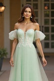 Green A Line Tulle Off the Shoulder Maxi Prom Dress with Appliques