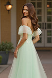 Green A Line Tulle Off the Shoulder Maxi Prom Dress with Appliques