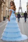 Blue Mermaid Off the Shoulder Tiered Maxi Prom Dress with Ruffles