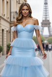 Blue Mermaid Off the Shoulder Tiered Maxi Prom Dress with Ruffles