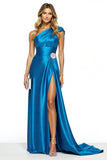 Blue One Shoulder Sheath Satin Maxi Prom Dress with Slit