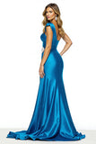 Blue One Shoulder Sheath Satin Maxi Prom Dress with Slit