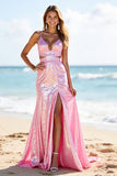 Sparkly Pink Sheath Sequin Maxi Prom Dress with Slit