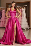 Fuchsia Ball Gown Halter Maxi Satin Prom Dress with Slit