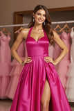 Fuchsia Ball Gown Halter Maxi Satin Prom Dress with Slit