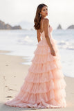 Blush Tulle Ball Gown Ruffled Maxi Tiered Prom Dress with Slit