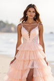 Blush Tulle Ball Gown Ruffled Maxi Tiered Prom Dress with Slit