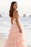 Blush Tulle Ball Gown Ruffled Maxi Tiered Prom Dress with Slit