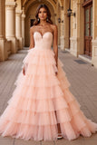 Blush Tiered Ball Gown Tulle Maxi Prom Dress with Ruffles