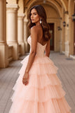 Blush Tiered Ball Gown Tulle Maxi Prom Dress with Ruffles