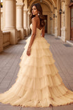 Blush Tiered Ball Gown Tulle Maxi Prom Dress with Ruffles