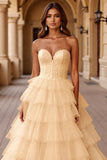 Blush Tiered Ball Gown Tulle Maxi Prom Dress with Ruffles