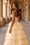 Blush Tiered Ball Gown Tulle Maxi Prom Dress with Ruffles