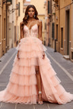 Blush Ball Gown Tiered Maxi Prom Dress with Slit