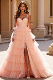 Blush Ball Gown Tulle Tiered Maxi Prom Dress with Appliques