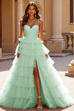 Blush Ball Gown Tulle Tiered Maxi Prom Dress with Appliques