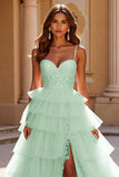 Blush Ball Gown Tulle Tiered Maxi Prom Dress with Appliques