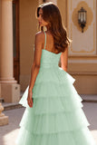 Blush Ball Gown Tulle Tiered Maxi Prom Dress with Appliques
