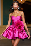 Fuchsia A Line Satin Short Prom Dress with 3D Flowers