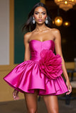 Fuchsia A Line Satin Short Prom Dress with 3D Flowers