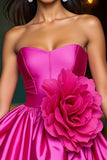 Fuchsia A Line Satin Short Prom Dress with 3D Flowers