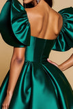 Dark Green A Line Corset Mini Satin Prom Dress with Ruffles