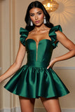 Dark Green Ruffled Satin A Line Mini Prom Dress