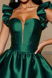 Dark Green Ruffled Satin A Line Mini Prom Dress